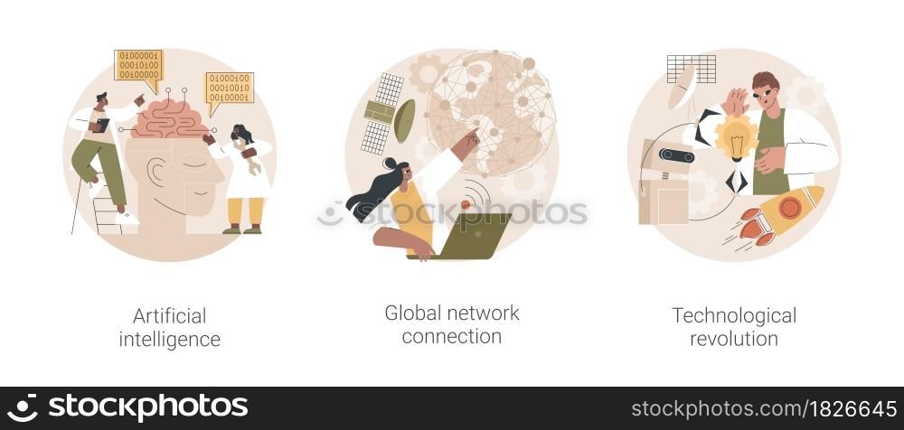 Information era abstract concept vector illustration set. Artificial intelligence, global network connection, technological revolution, cognitive computing, machine learning abstract metaphor.. Information era abstract concept vector illustrations.