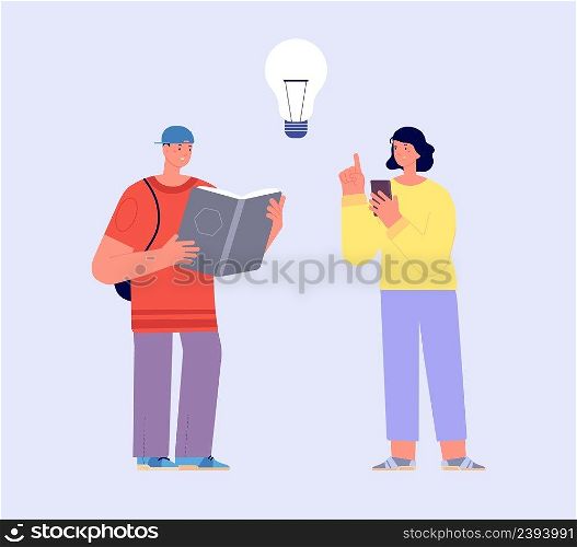 Information finding. Books or digital technologies. People read book and smartphone. Traditional study. Media and public resources, find solution, vector characters. Illustration of search information. Information finding. Books or digital technologies. People read book and using smartphone. Traditional modern study concept. Media and public resources, find solution, vector characters