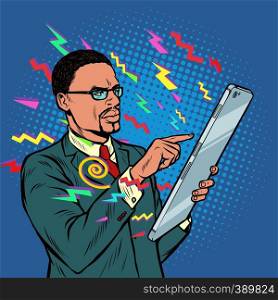 information from the Internet. african businessman and smartphone with large screen. Pop art retro vector illustration vintage kitsch 50s 60s. information from the Internet. african businessman and smartphone with big screen