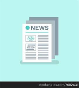 Information gathered in newspaper vector, isolated icon of publication with articles and topics. Broadcasting and advertisements on paper, page with info. Newspaper Mass Media, Printed Publication Text