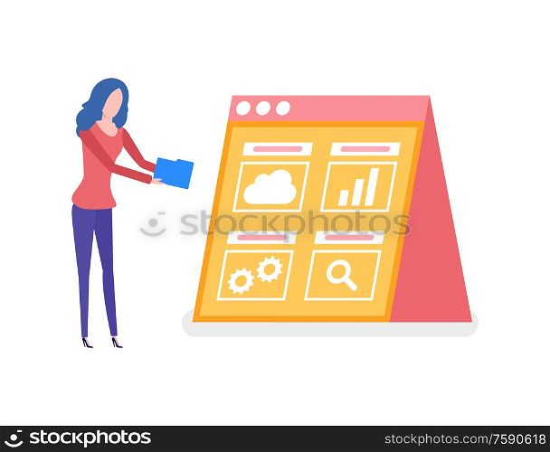 Information in visual form on screen vector. Worker with folder decoding info, cloud and cogwheel, gear sign of process. Magnifying glass search symbol. Woman Working on Statistics , Screen with Info