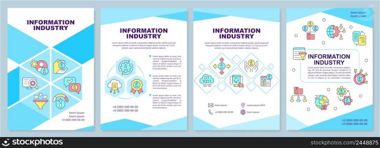 Information industry blue brochure template. Valuable info production. Leaflet design with linear icons. 4 vector layouts for presentation, annual reports. Arial-Black, Myriad Pro-Regular fonts used. Information industry blue brochure template