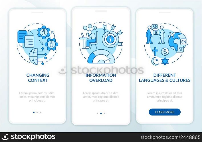 Information industry complications blue onboarding mobile app screen. Walkthrough 3 steps graphic instructions pages with linear concepts. UI, UX, GUI template. Myriad Pro-Bold, Regular fonts used. Information industry complications blue onboarding mobile app screen