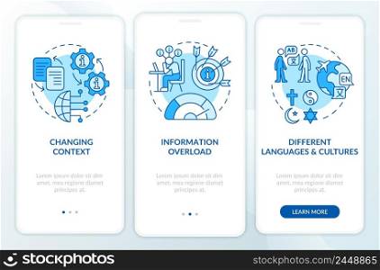 Information industry complications blue onboarding mobile app screen. Walkthrough 3 steps graphic instructions pages with linear concepts. UI, UX, GUI template. Myriad Pro-Bold, Regular fonts used. Information industry complications blue onboarding mobile app screen
