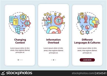 Information industry issues onboarding mobile app screen. Change context walkthrough 3 steps graphic instructions pages with linear concepts. UI, UX, GUI template. Myriad Pro-Bold, Regular fonts used. Information industry issues onboarding mobile app screen