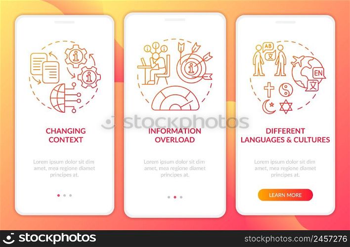 Information industry troubles red gradient onboarding mobile app screen. Walkthrough 3 steps graphic instructions pages with linear concepts. UI, UX, GUI template. Myriad Pro-Bold, Regular fonts used. Information industry troubles red gradient onboarding mobile app screen