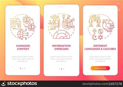 Information industry troubles red gradient onboarding mobile app screen. Walkthrough 3 steps graphic instructions pages with linear concepts. UI, UX, GUI template. Myriad Pro-Bold, Regular fonts used. Information industry troubles red gradient onboarding mobile app screen