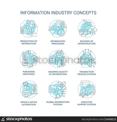 Information industry turquoise concept icons set. Production and processing idea thin line color illustrations. Isolated symbols. Editable stroke. Roboto-Medium, Myriad Pro-Bold fonts used. Information industry turquoise concept icons set