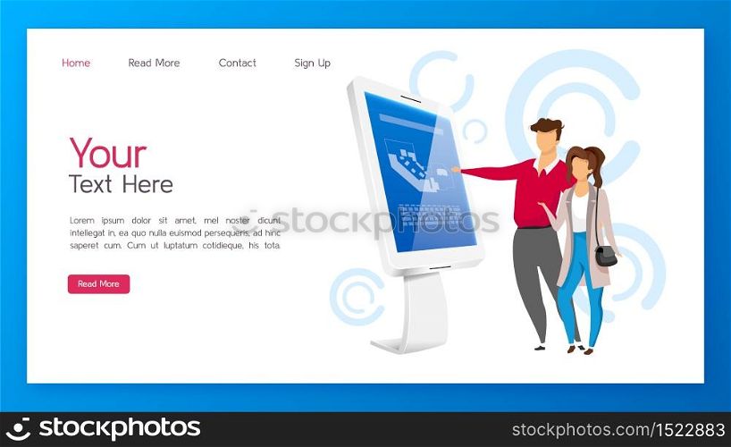 Information kiosk landing page vector template. Interactive display website interface idea with flat illustrations. Digital panel with touchscreen homepage layout. Innovative technology web banner