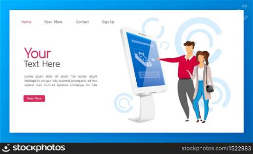Information kiosk landing page vector template. Interactive display website interface idea with flat illustrations. Digital panel with touchscreen homepage layout. Innovative technology web banner