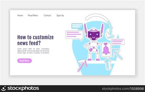 Information notification bot landing page flat silhouette vector template. Homepage layout. News feed customizing one page website interface with cartoon outline character. Web banner, webpage