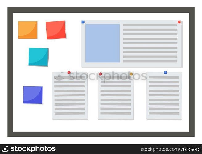 Information on colorful paper stickers. Project planning, process for managing work. Presentation of business strategy or plan. Task board isolated on white background. Vector illustration in flat. Paper Sticker with Task on Board, Project Planning