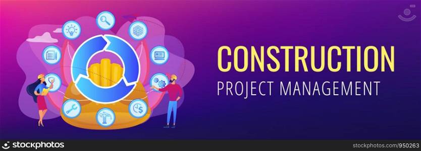 Information on full cycle of a building. Building information modeling, collaborative construction, construction project management concept. Header or footer banner template with copy space.. Building information modeling concept banner header.