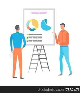 Information on whiteboard, infochart diagram with segments vector. Business meeting, planning and brainstorming, statistics on board, conference flat style. Man on Presentation, Business Seminar Whiteboard