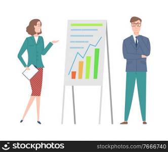 Information on whiteboard vector, woman and boss showing new concept and idea of business project, secretary with documents and papers flat style. Business Presentation Boss and Secretary with Info
