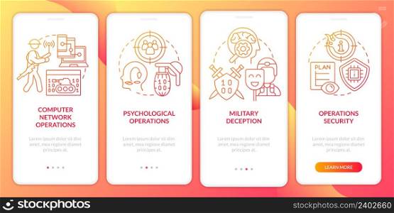 Information operations red gradient onboarding mobile app screen. Walkthrough 4 steps graphic instructions pages with linear concepts. UI, UX, GUI template. Myriad Pro-Bold, Regular fonts used. Information operations red gradient onboarding mobile app screen