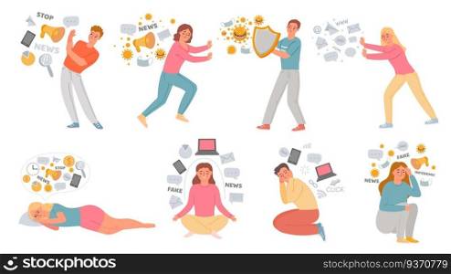 Information overload. Man and woman overwhelmed by data. People hide from news and social network stress. Digital hygiene concept vector set. Illustration people with problem, dangerous fake news. Information overload. Man and woman overwhelmed by data. People hide from news and social network stress. Digital hygiene concept vector set