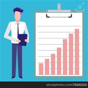 Information presentation on clipboard vector, man with tablet explaining results and given data . Presenting new successful scheme of company outcome. Infographics on Board Man with Tablet Presenter