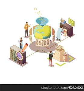 Information Processing Isometric Design. Isometric design with search and processing of global information staff and computer equipment vector illustration