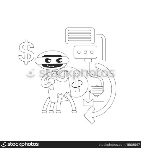 Information scraper bot thin line concept vector illustration. Stealing website data and Internet content. Hacker robot 2D cartoon character for web design. Malicious malware creative idea