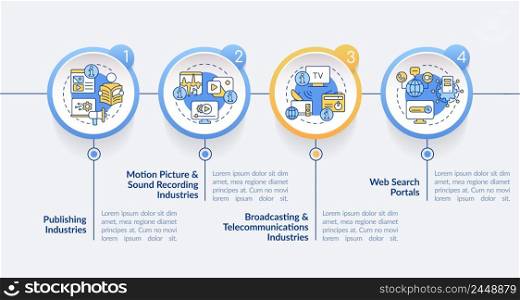 Information sector elements circle infographic template. Telecommunication. Data visualization with 4 steps. Process timeline info chart. Workflow layout with line icons. Lato-Bold, Regular fonts used. Information sector elements circle infographic template