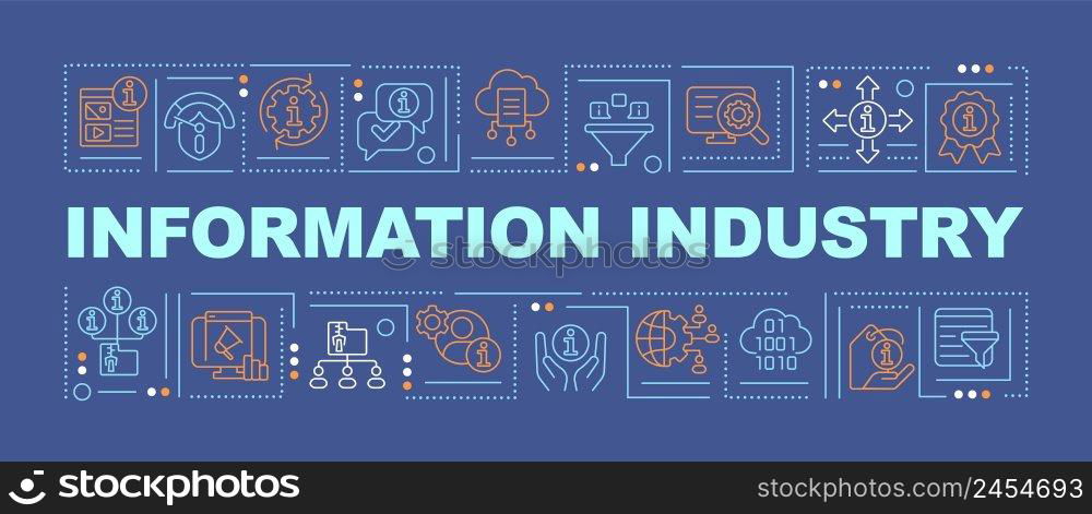 Information sector word concepts dark blue banner. Transform data into product. Infographics with icons on color background. Isolated typography. Vector illustration with text. Arial-Black font used. Information sector word concepts dark blue banner