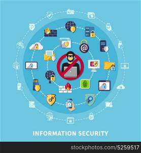 Information Security Composition. Information security composition with malicious activity symbols on blue background flat vector illustration
