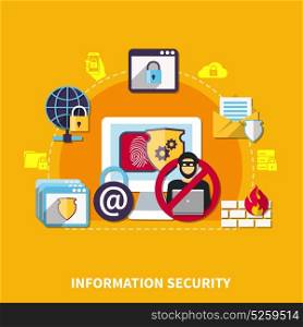 Information Security Concept. Information security concept with protection symbols on yellow background flat vector illustration