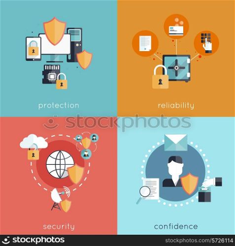 Information security design concept set with protection reliability security and confidence flat icons isolated vector illustration