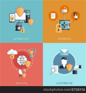 Information security design concept set with protection reliability security and confidence flat icons isolated vector illustration
