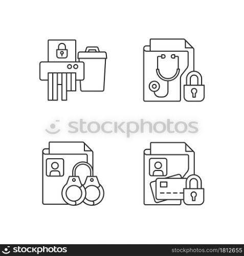 Information sensitivity linear icons set. Disposing documents. Criminal records. Financial data. Customizable thin line contour symbols. Isolated vector outline illustrations. Editable stroke. Information sensitivity linear icons set