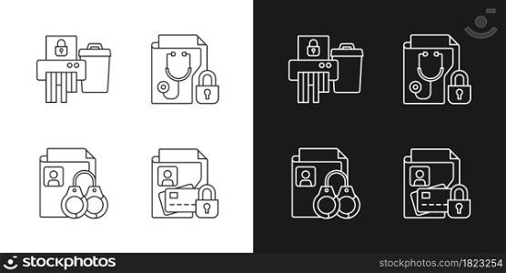 Information sensitivity linear icons set for dark and light mode. Disposing documents. Criminal records. Customizable thin line symbols. Isolated vector outline illustrations. Editable stroke. Information sensitivity linear icons set for dark and light mode