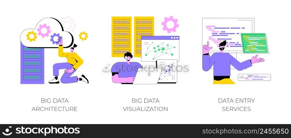 Information storage infrastructure abstract concept vector illustration set. Big data architecture, big data visualization, data entry services, business intelligence, outsource abstract metaphor.. Information storage infrastructure abstract concept vector illustrations.