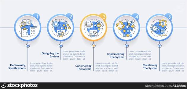 Information system development life cycle circle infographic template. Data visualization with 5 steps. Process timeline info chart. Workflow layout with line icons. Lato-Bold, Regular fonts used. Information system development life cycle circle infographic template