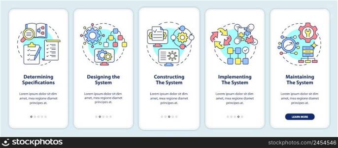 Information system development stages onboarding mobile app screen. Walkthrough 5 steps graphic instructions pages with linear concepts. UI, UX, GUI template. Myriad Pro-Bold, Regular fonts used. Information system development stages onboarding mobile app screen