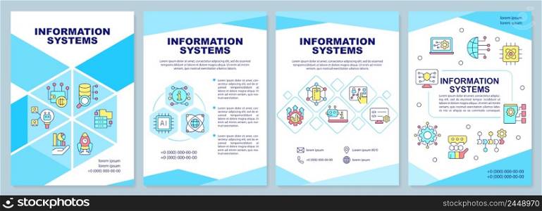 Information systems blue brochure template. Digital data processing. Leaflet design with linear icons. 4 vector layouts for presentation, annual reports. Arial-Black, Myriad Pro-Regular fonts used. Information systems blue brochure template