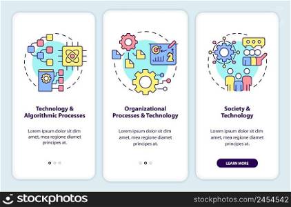 Information systems interactions onboarding mobile app screen. Walkthrough 3 steps graphic instructions pages with linear concepts. UI, UX, GUI template. Myriad Pro-Bold, Regular fonts used. Information systems interactions onboarding mobile app screen