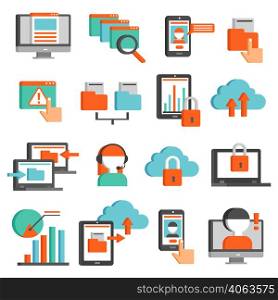 information technologies flat icons set with padlock cloud storage smartphone laptop online operator isolated vector illustration. Information Technologies Flat Icons Set