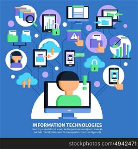 Information Technologies Flat Illustration . Information technologies flat vector illustration with scheme of data exchange between smartphone laptop cloud storage and operators help