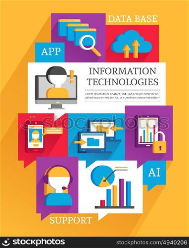 Information Technologies Poster. IT poster with flat colored elements promoting operators support cloud technologies data exchange and smartphone apps vector illustration