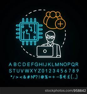 Information technology camp neon light concept icon. Employment for professionals idea. Presenting new inventions. Glowing sign with alphabet, numbers and symbols. Vector isolated illustration