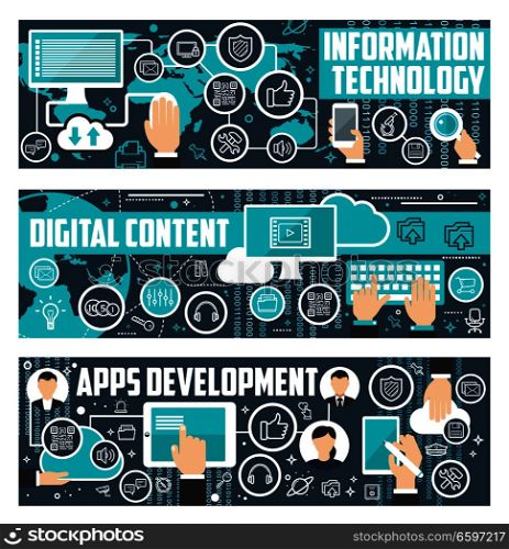 Information technology, digital content and web apps development banners. Vector flat design for social network and internet online communication or cloud share system for user data storage. Information technology data vector banners