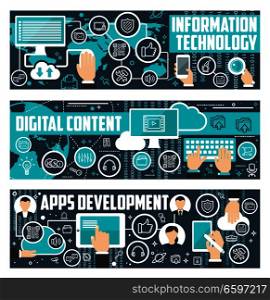 Information technology, digital content and web apps development banners. Vector flat design for social network and internet online communication or cloud share system for user data storage. Information technology data vector banners