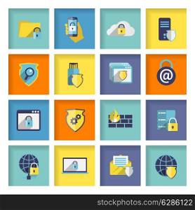 Information technology security flat icons set of cloud network connection firewall isolated vector illustration