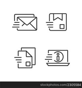 Information transmission pixel perfect linear icons set. Letter and parcel delivery. Digital data. Customizable thin line symbols. Isolated vector outline illustrations. Editable stroke. Information transmission pixel perfect linear icons set