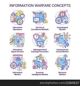 Information warfare concept icons set. Mislead adversaries. Strategy and tactic idea thin line color illustrations. Isolated symbols. Editable stroke. Roboto-Medium, Myriad Pro-Bold fonts used. Information warfare concept icons set