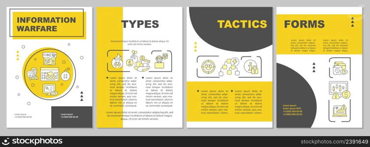 Information warfare guideline yellow brochure template. Leaflet design with linear icons. 4 vector layouts for presentation, annual reports. Arial-Black, Myriad Pro-Regular fonts used. Information warfare guideline yellow brochure template