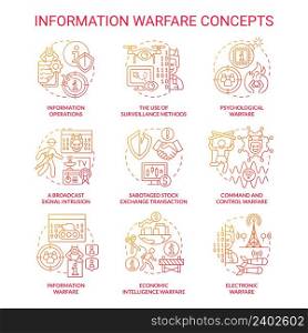 Information warfare red gradient concept icons set. Mislead adversaries. Strategy and tactic idea thin line color illustrations. Isolated symbols. Roboto-Medium, Myriad Pro-Bold fonts used. Information warfare red gradient concept icons set