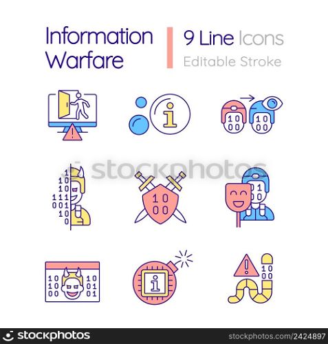 Information warfare RGB color icons set. Mislead opponent. Data manipulation. Isolated vector illustrations. Simple filled line drawings collection. Editable stroke. Quicksand-Light font used. Information warfare RGB color icons set