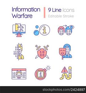 Information warfare RGB color icons set. Mislead opponent. Data manipulation. Isolated vector illustrations. Simple filled line drawings collection. Editable stroke. Quicksand-Light font used. Information warfare RGB color icons set